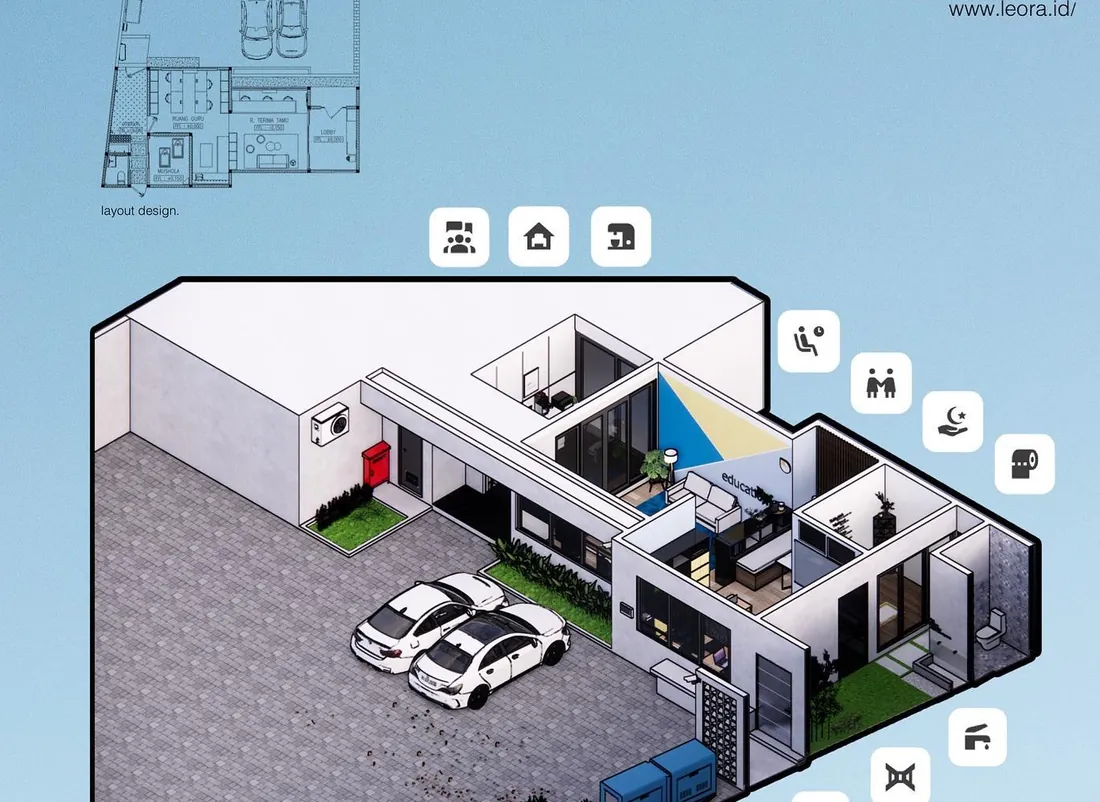 Isometric plan render of a school building with rooms and a car park laid out
