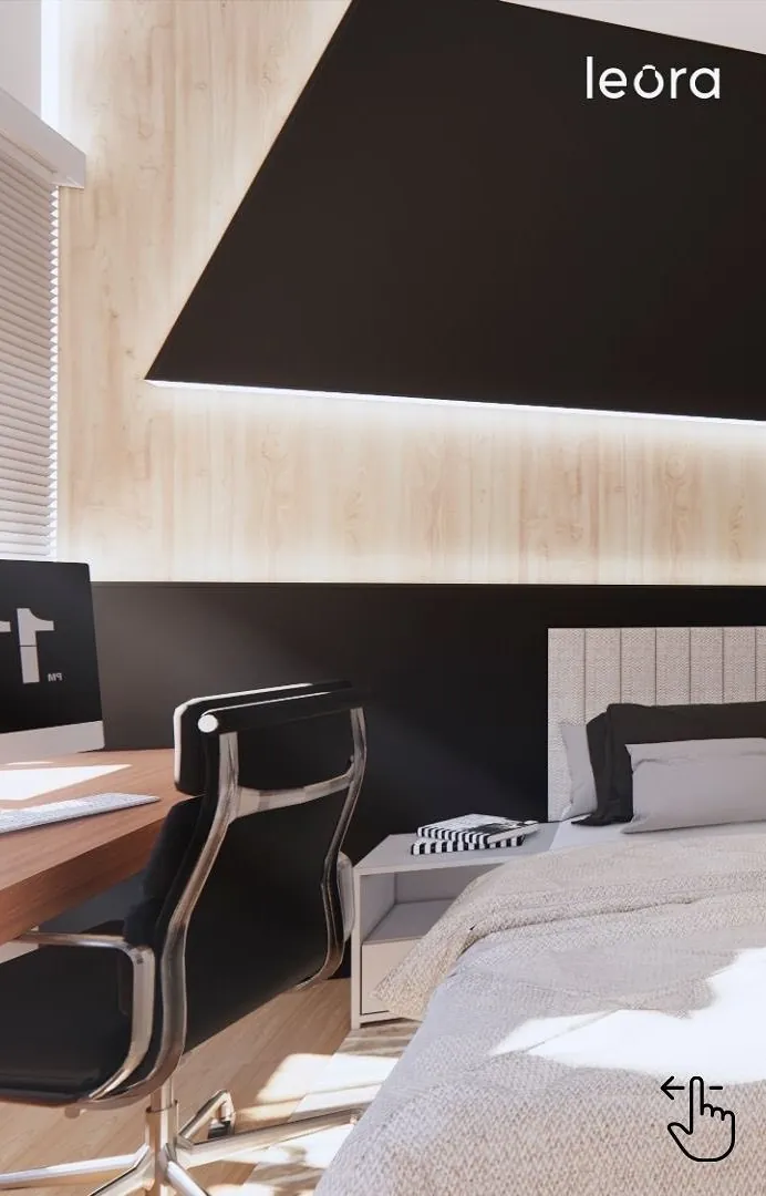 Bedroom with a black desk, an office chair, and a headboard wall in dark panels