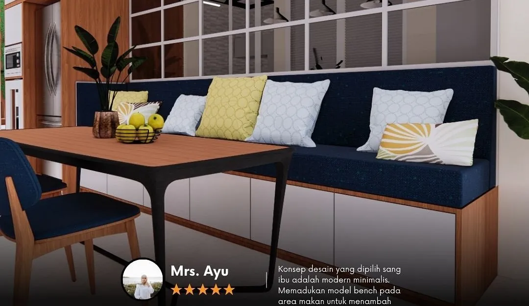 Dining nook with a built in bench, patterned cushions, and a wood table